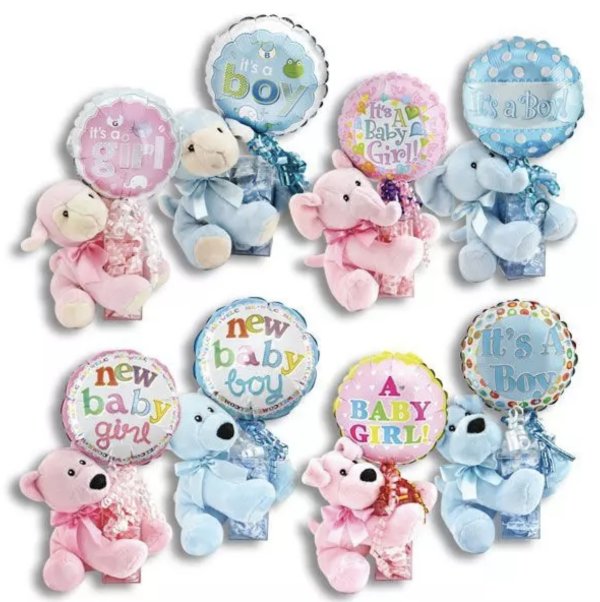 Blue and pink teddy bear huggers with balloons